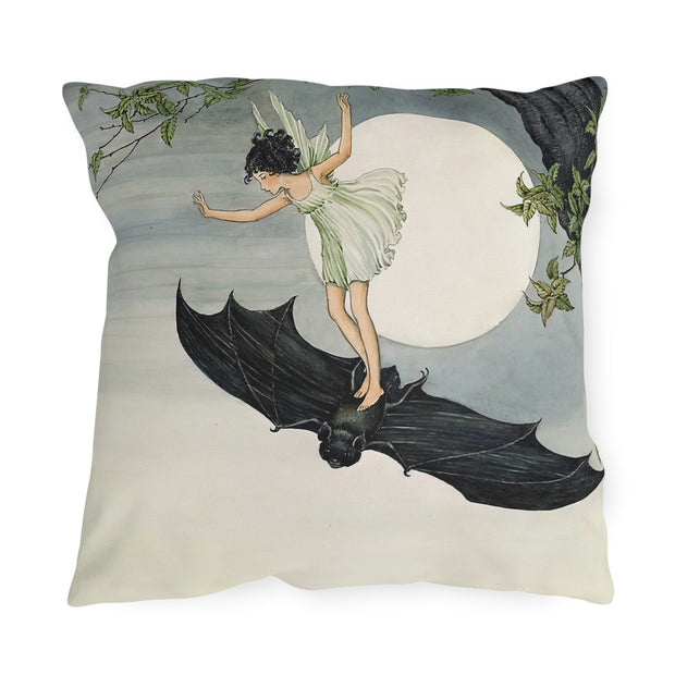 "Fairy Riding a Bat" Outdoor Throw Pillows