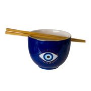 Stylish 18 oz Evil Eye Ceramic Ramen Bowl with Chopsticks, made of food-safe ceramic, available in striking Blue or pristine White, beautifully packaged in a gift box, perfect for an ideal present.