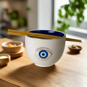 Stylish 18 oz Evil Eye Ceramic Ramen Bowl with Chopsticks, made of food-safe ceramic, available in striking Blue or pristine White, beautifully packaged in a gift box, perfect for an ideal present.