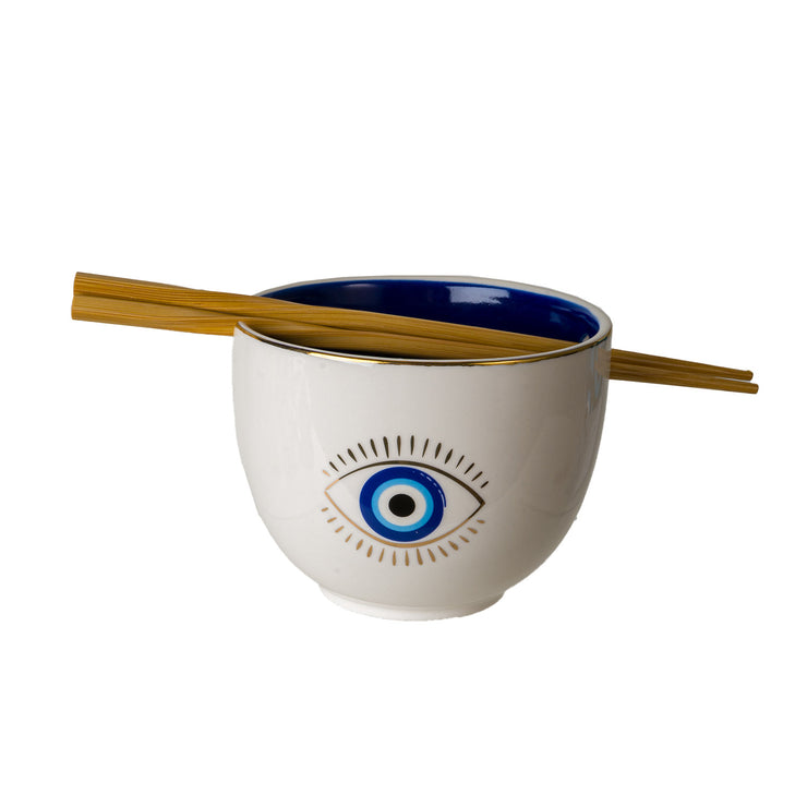 Stylish 18 oz Evil Eye Ceramic Ramen Bowl with Chopsticks, made of food-safe ceramic, available in striking Blue or pristine White, beautifully packaged in a gift box, perfect for an ideal present.