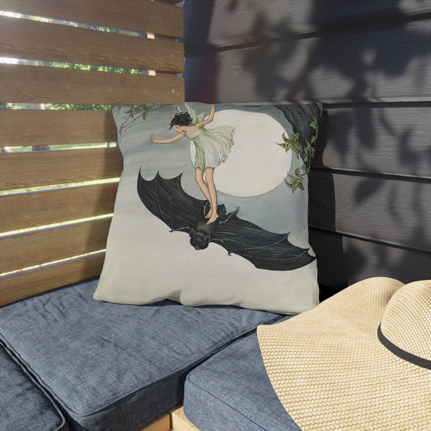 "Fairy Riding a Bat" Outdoor Throw Pillows