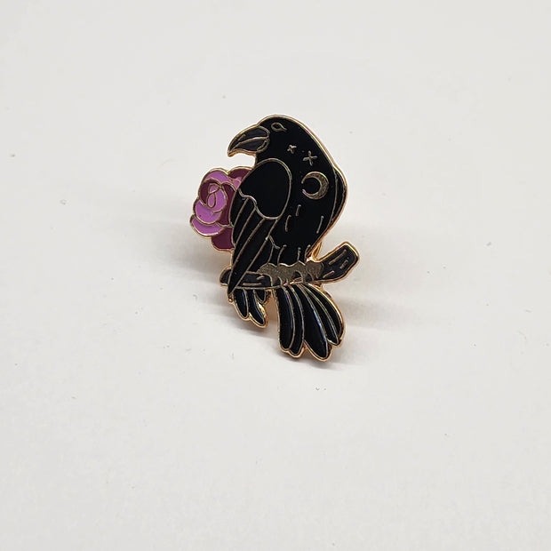 Raven and Flowers Enamel Lapel Pin