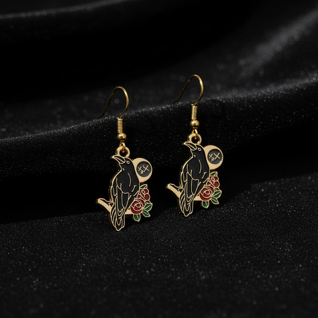 Raven Moon Gold Enamel Earrings