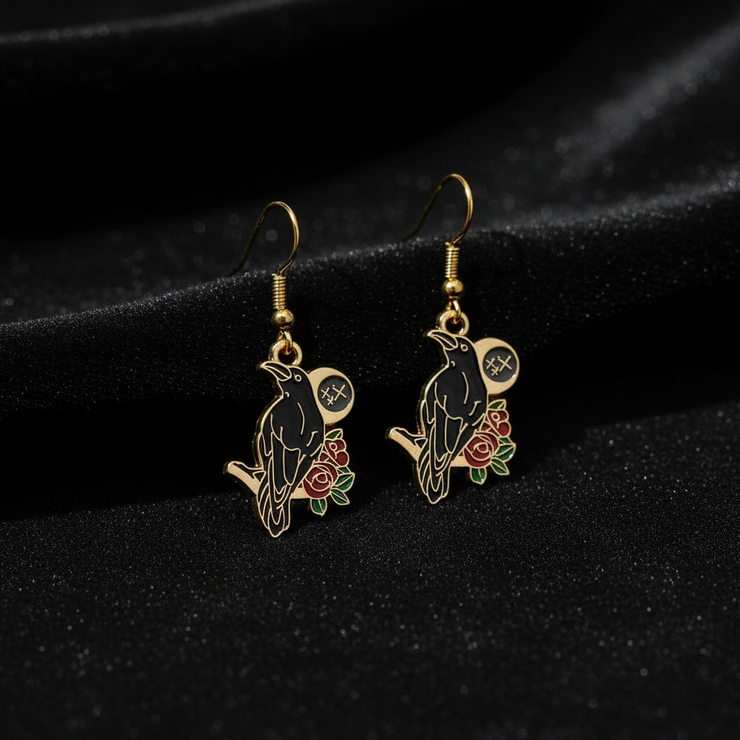 Raven Moon Gold Enamel Earrings