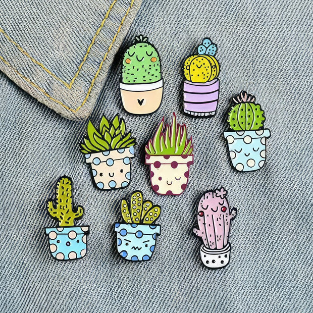 Épinglettes en émail de plantes en pot de cactus succulents mignons