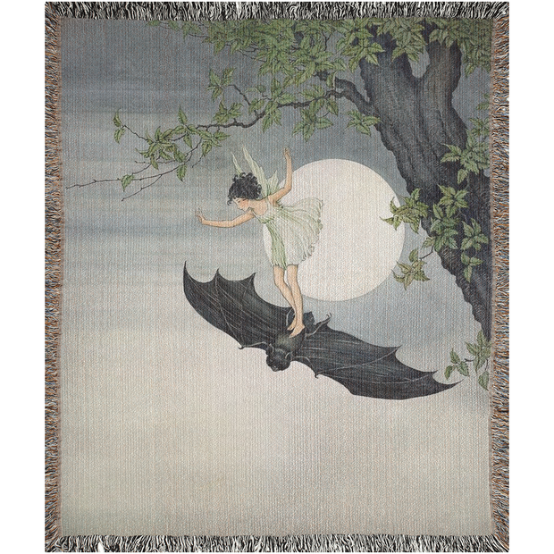 Fairy Riding a Bat Woven Blanket