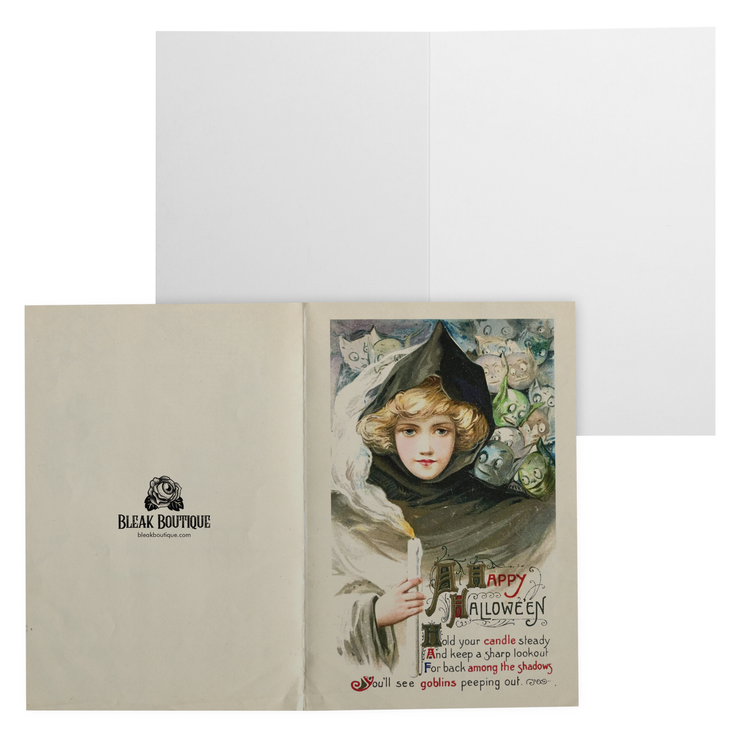 Delight your friends and family with a vintage Halloween greeting card that captures the charm of yesteryear. Featuring an authentic Victorian greeting card design, these cards showcase intricate details and rich textures that evoke a truly antique aesthetic. The interior is left blank, offering ample space to pen your personalized message.
