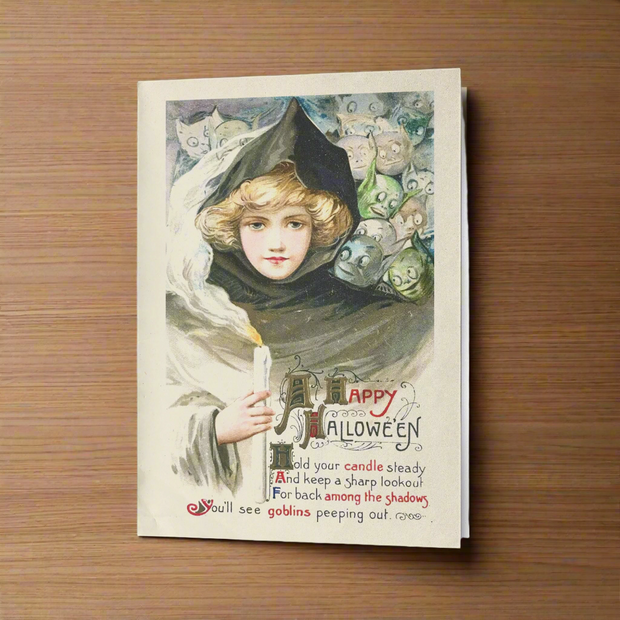 Delight your friends and family with a vintage Halloween greeting card that captures the charm of yesteryear. Featuring an authentic Victorian greeting card design, these cards showcase intricate details and rich textures that evoke a truly antique aesthetic. The interior is left blank, offering ample space to pen your personalized message.