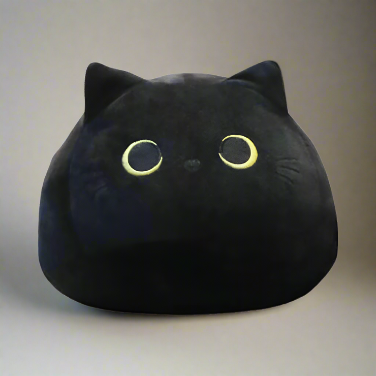 Adorable Squishy Black Cat Plush Toy - Soft and Fuzzy Huggable Toy for Children or Adults - High-Quality Polyester with Embroidered Accents - Perfect Cuddly Companion