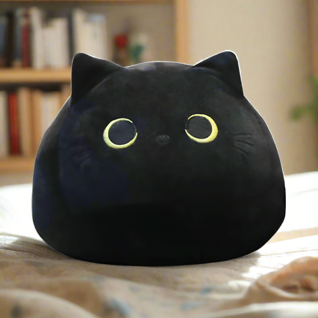 Adorable Squishy Black Cat Plush Toy - Soft and Fuzzy Huggable Toy for Children or Adults - High-Quality Polyester with Embroidered Accents - Perfect Cuddly Companion