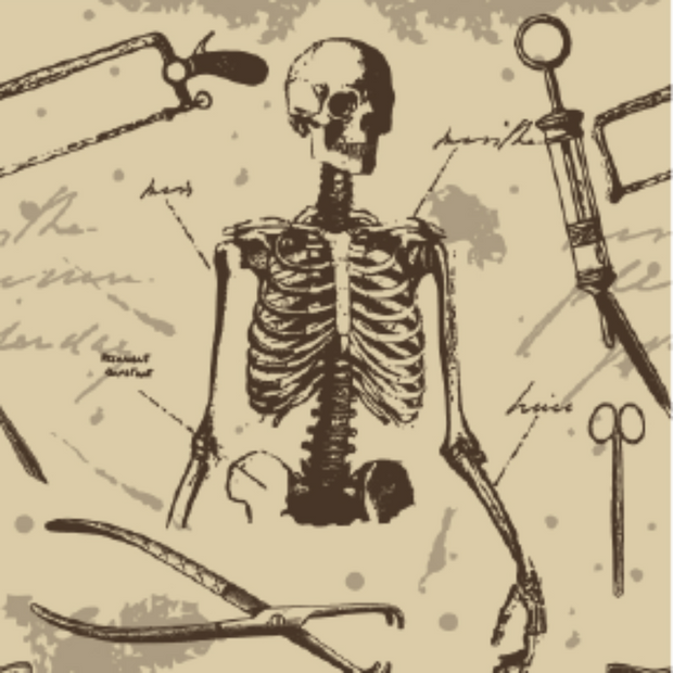 Vintage-style illustration of a skeleton with anatomical labels and surgical instruments on a beige background.