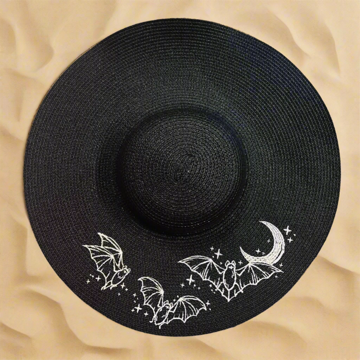"Batty Moon" Gothic Floppy Sun Hat - Black Straw, XL Brim