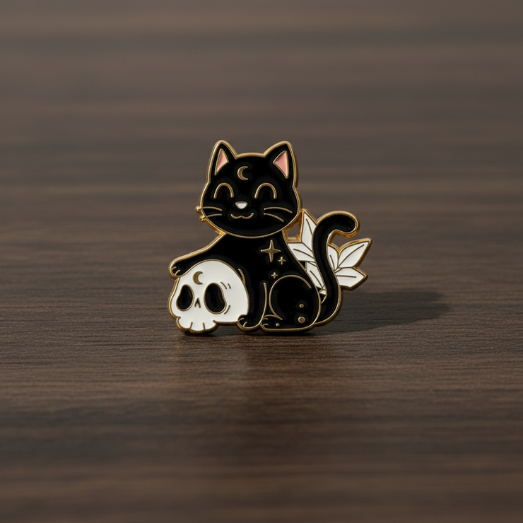 Black Cat with Skull Enamel Lapel Pin