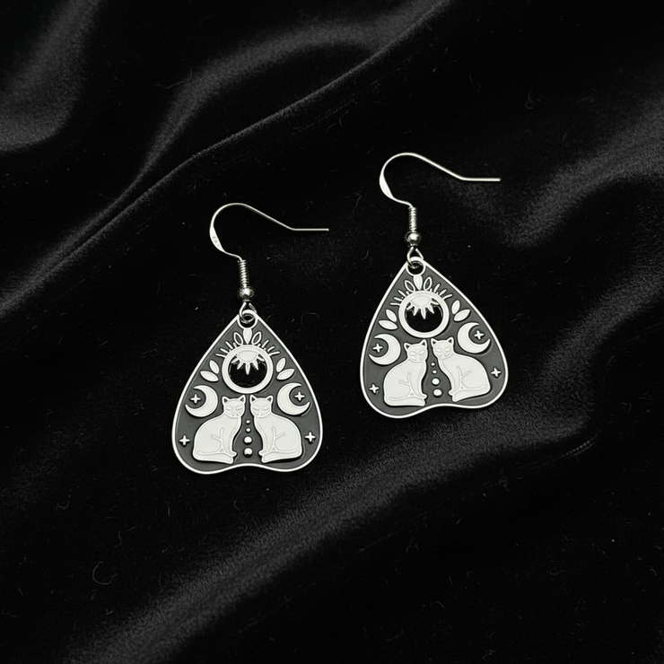 Ouija Planchette Silver Enamel Earrings