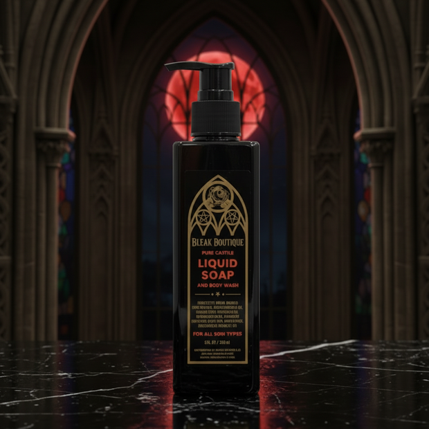 Bottle of Bleak Boutique liquid soap with a gothic-style background