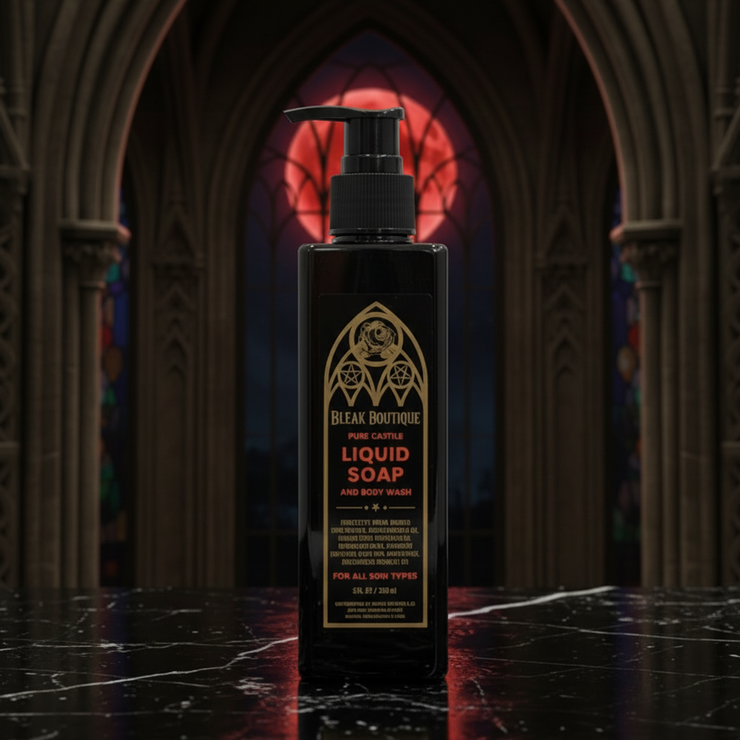 Bottle of Bleak Boutique liquid soap with a gothic-style background
