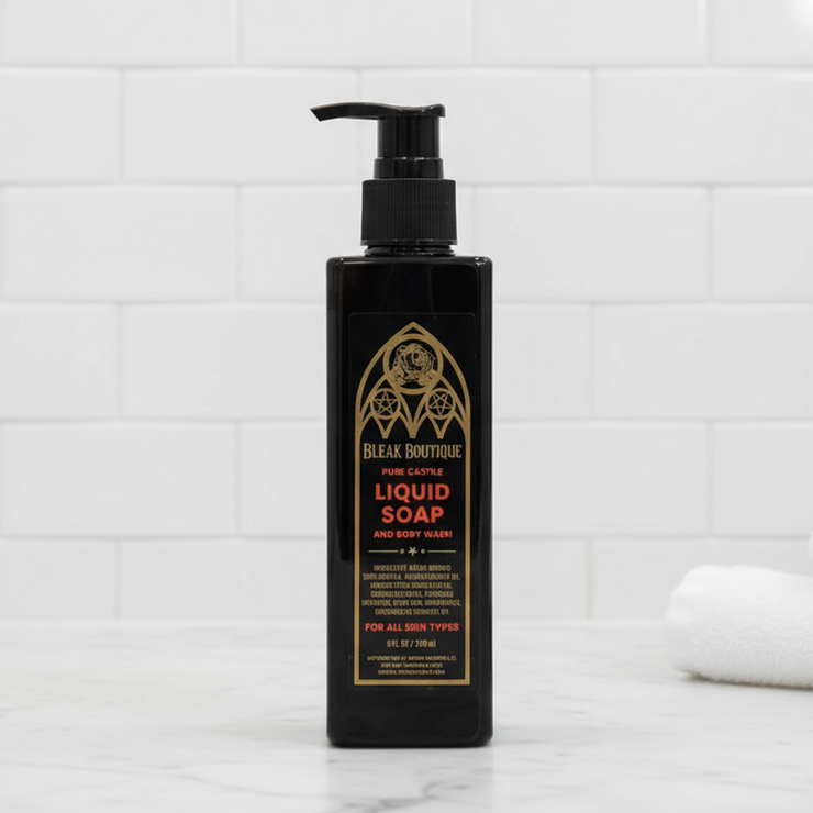 Black bottle of Bleak Boutique liquid soap on a white background