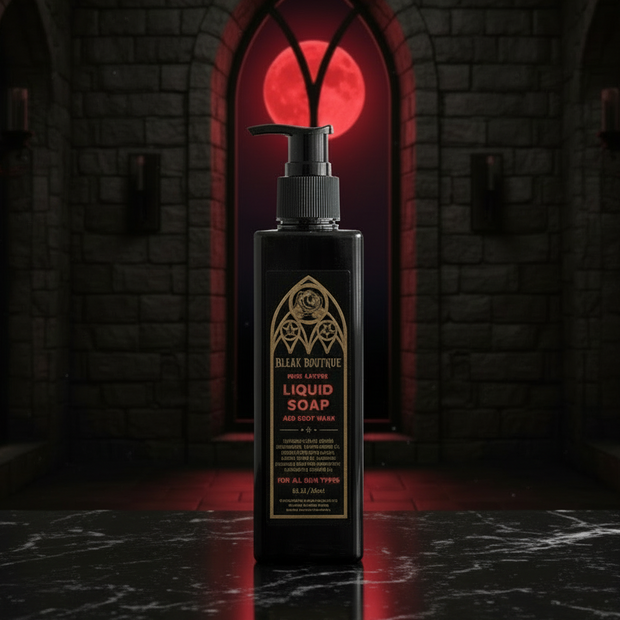 Black liquid soap bottle with gold label in a dark, gothic-style room with red glowing door.