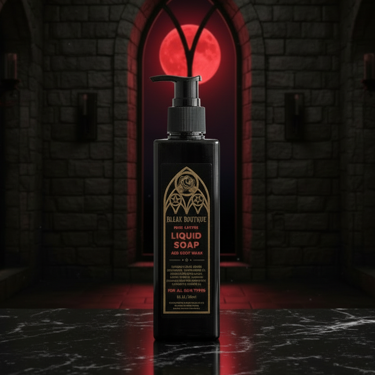 Black liquid soap bottle with gold label in a dark, gothic-style room with red glowing door.