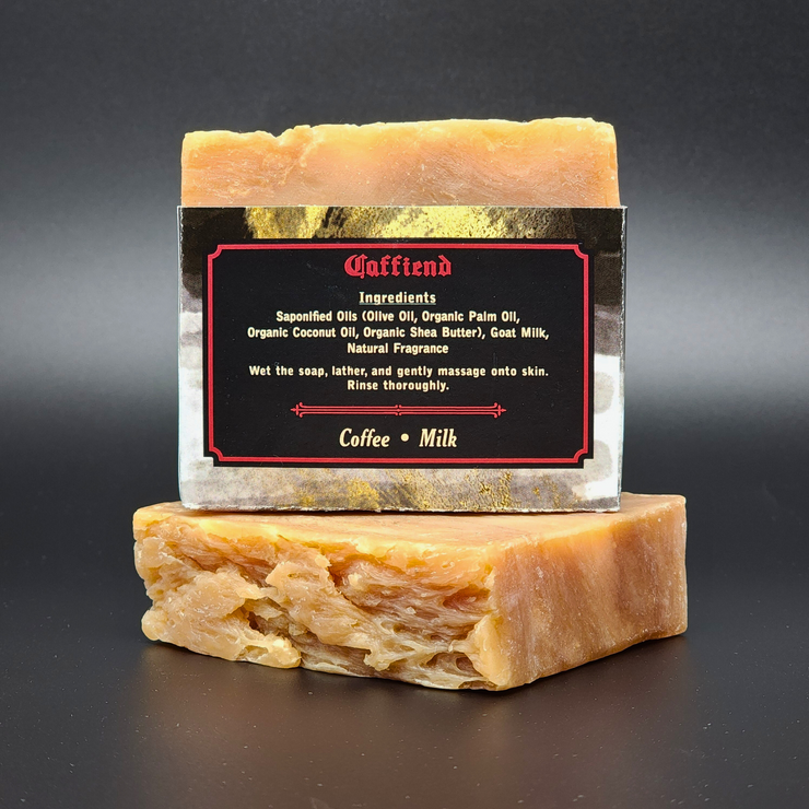 Bar of soap with a label on a dark background