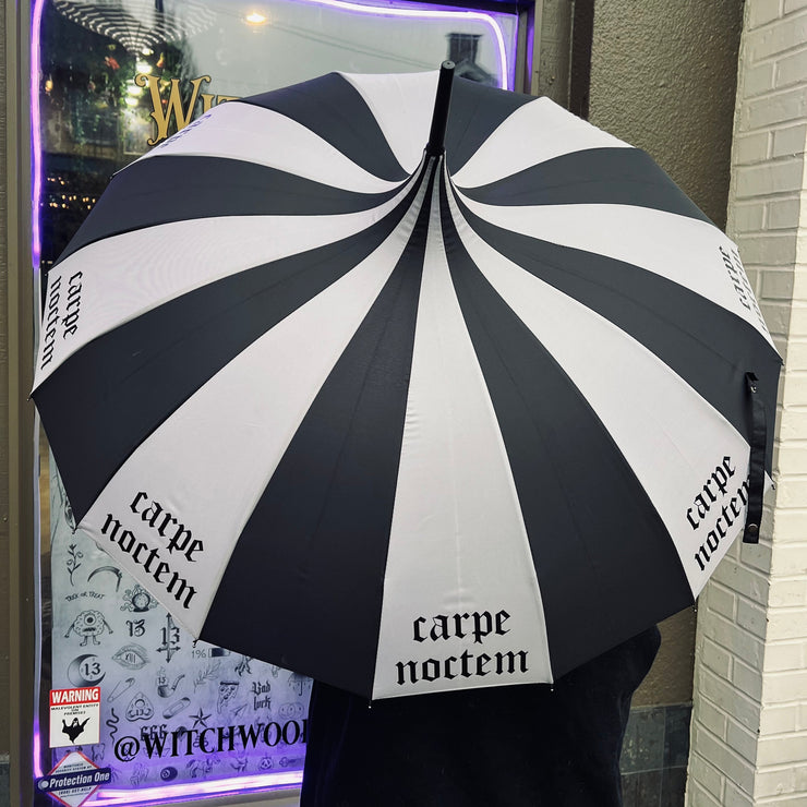 Black and white striped umbrella with 'carpe noctem' text held by a person in front of a store window.