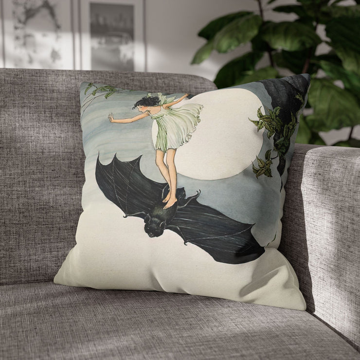 "Fairy Riding a Bat" Throw Pillow