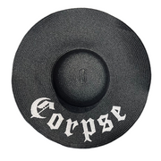 Black straw hat with 'Corpse' embroidery on a white background