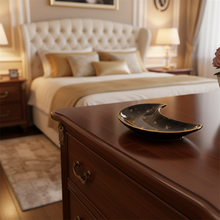Decorative dish on a wooden dresser in a bedroom with a bed and lamps in the background.