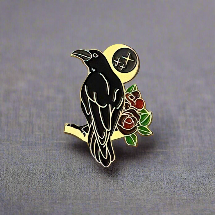 Raven, Moon & Flowers Enamel Lapel Pin