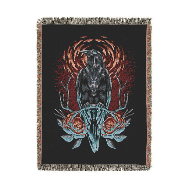 Crow and Flowers 100% Cotton Woven Throw Blanket