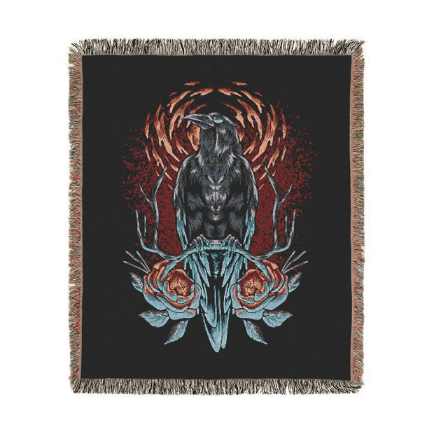 Crow and Flowers 100% Cotton Woven Throw Blanket
