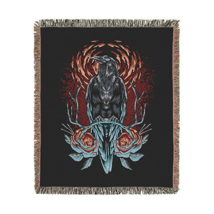 Crow and Flowers 100% Cotton Woven Throw Blanket