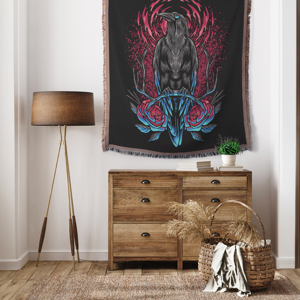 Crow and Flowers 100% Cotton Woven Throw Blanket