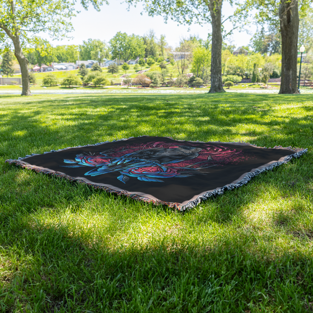 Crow and Flowers Woven Throw Blanket