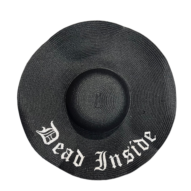 Black straw hat with 'Dead Inside' text on a white background