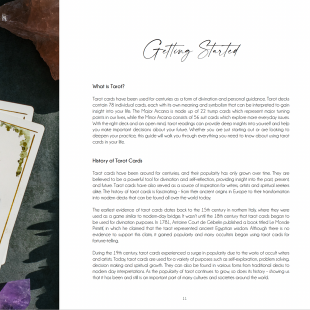 Hand holding tarot cards with a dark surface and crystals, accompanied by text on the right.