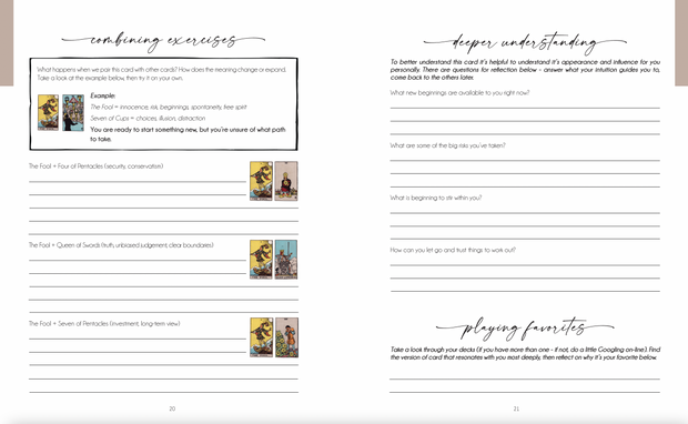 Pages from a book or guide with text and card images on a white background
