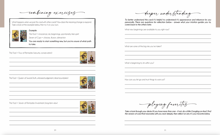 Pages from a book or guide with text and card images on a white background