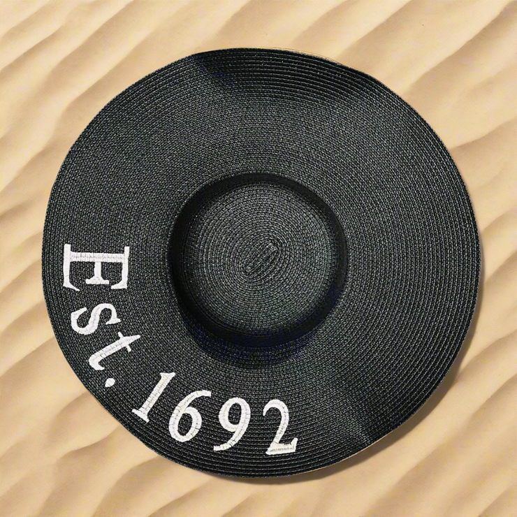 "Est. 1692" Gothic Floppy Sun Hat - Black Straw, XL Brim