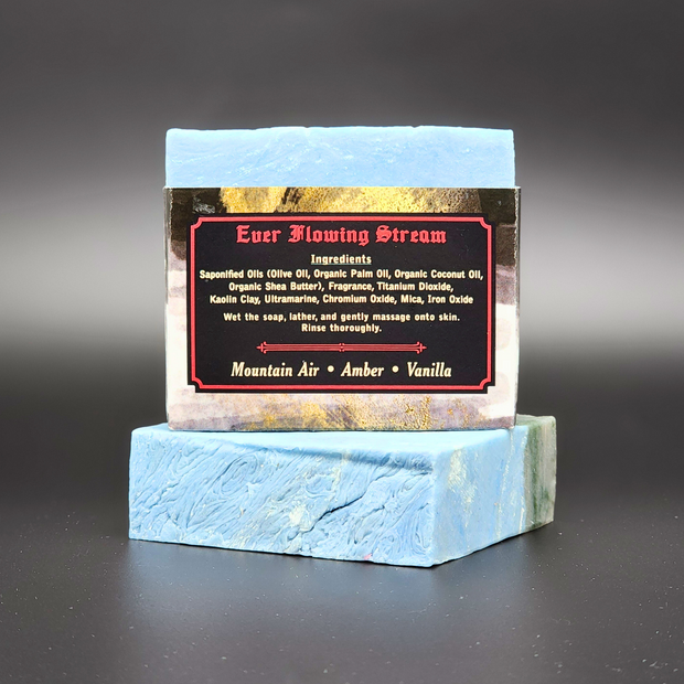 Bar of soap with a label on a dark background