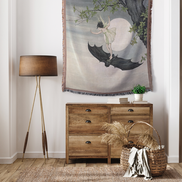 Fairy Riding a Bat Woven Blanket