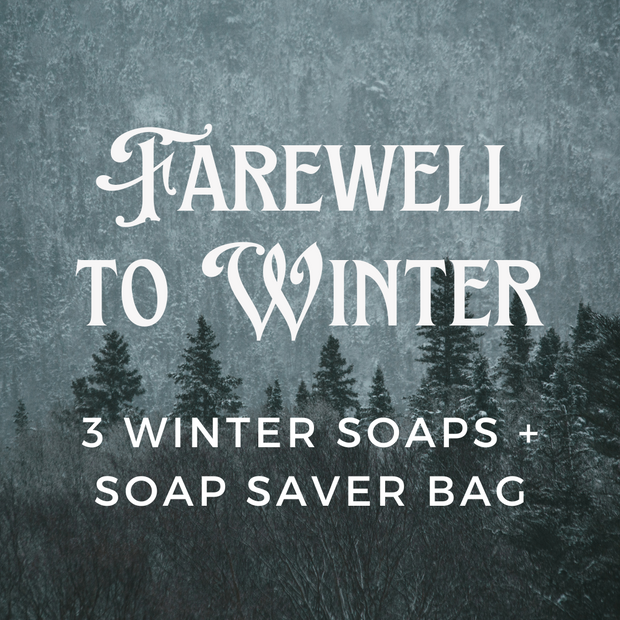 Farewell to Winter 3 Soap Bundle with Cotton Soap Saver Loofah Bag Included Free. Limited edition winter soap collection makes a great gift. Bundle includes In My Kingdom Cold, Sweet Tooth, and No Presents for Christmas. Experience the difference of natural, organic, handmade, vegan soaps. 