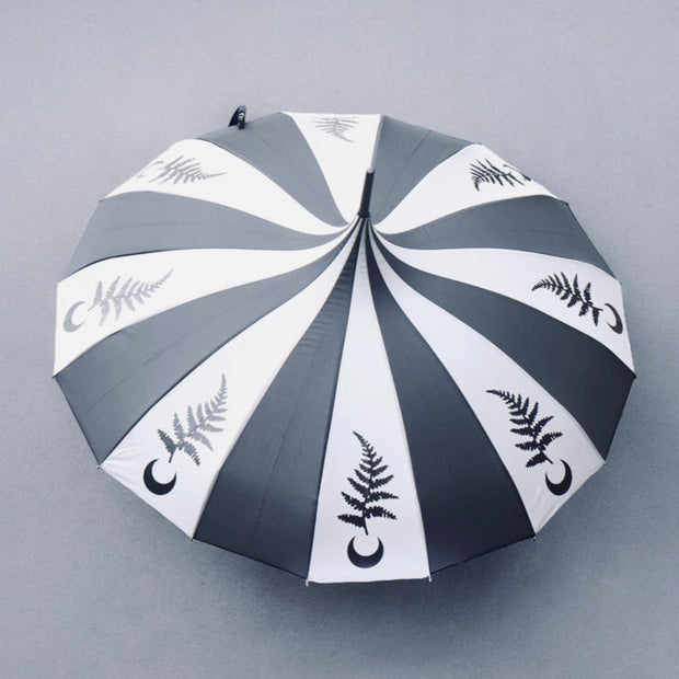 Umbrella with black and gray striped pattern and leaf designs on a gray background