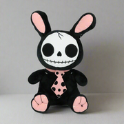 Furrybones™ Bun-Bun Black Bunny Plush Toy - 11.5-Inch Tall Soft Polyester - Creepy Cute Bunny with Skull Face, Polka Dot Tie, and Pink Details - Voodoo Inspired Design - Perfect Gift for Kids or Adults - Gothic Decor Whimsigoth Style