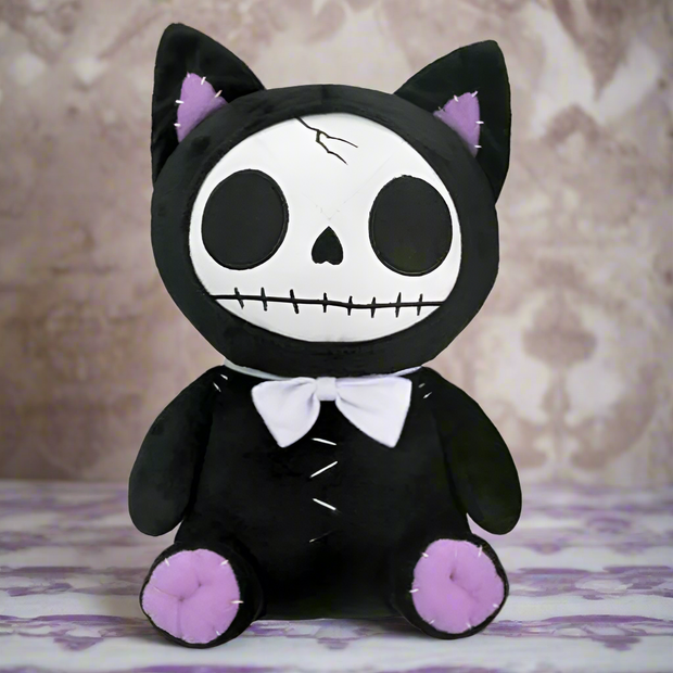 Furrybones™ Mao-Mao Black Cat Plush Toy - Adorable Black Cat with Skull Face, White Bow Tie, and Purple Details - Whimsical Gothic Toy Gift for Kids or Adults - Collectible Decor Plush - Soft Polyester with Voodoo Aesthetic