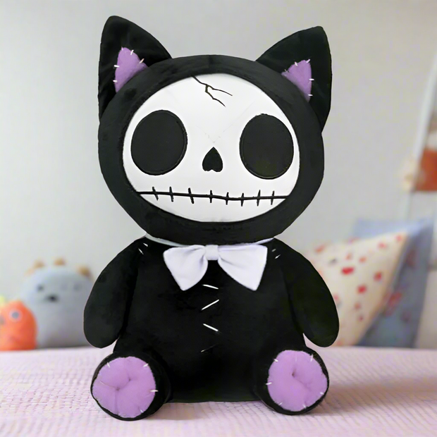 Furrybones™ Mao-Mao Black Cat Plush Toy - Adorable Black Cat with Skull Face, White Bow Tie, and Purple Details - Whimsical Gothic Toy Gift for Kids or Adults - Collectible Decor Plush - Soft Polyester with Voodoo Aesthetic