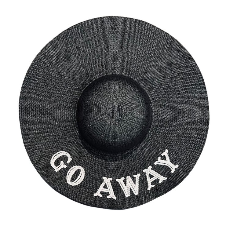 Black straw hat with 'GO AWAY' text on a white background
