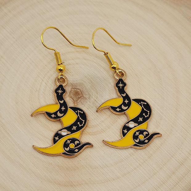 Serpent and Crescent Moon Enamel Earrings