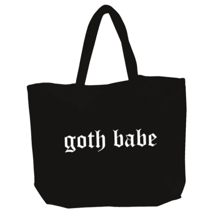 Black tote bag with 'goth babe' text on a white background