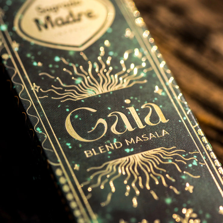Gaia Blend Masala incense packaging with gold and green design